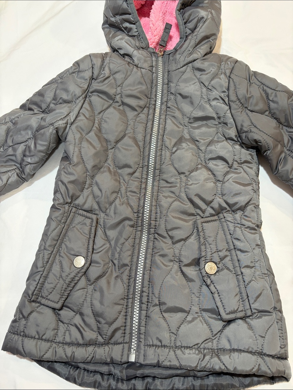 Pink Platinum Girls' Gray Quilted Hooded Puffer with Pink Lining